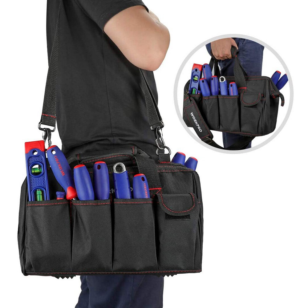 WORKPRO 16″/14″/12″ Close Top Wide Mouth Tool Storage Bag Rubber Base Pocket Bag