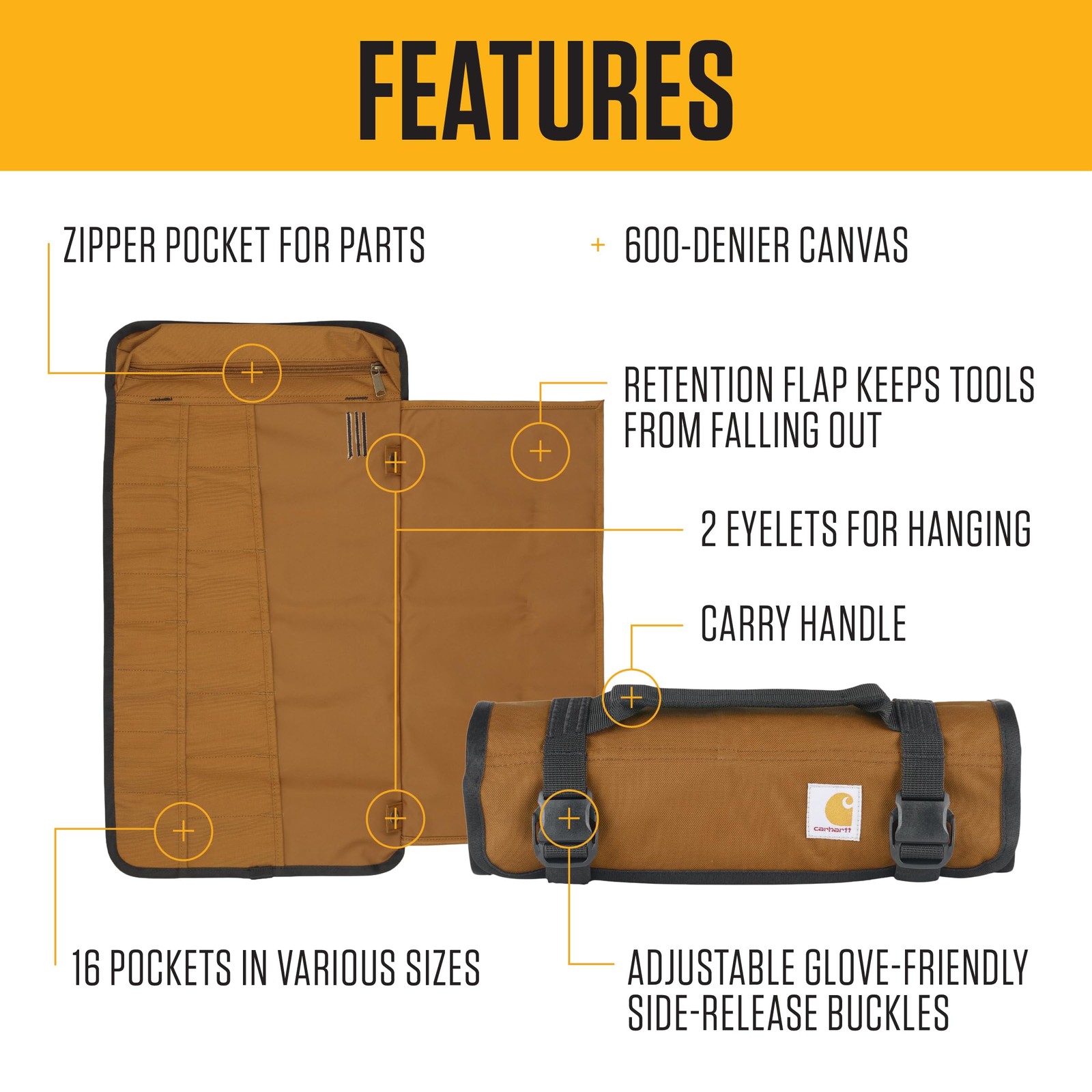 Utility Roll Organizer, Durable, WaterResistant Tool Roll, Gravel, 16 Pocket