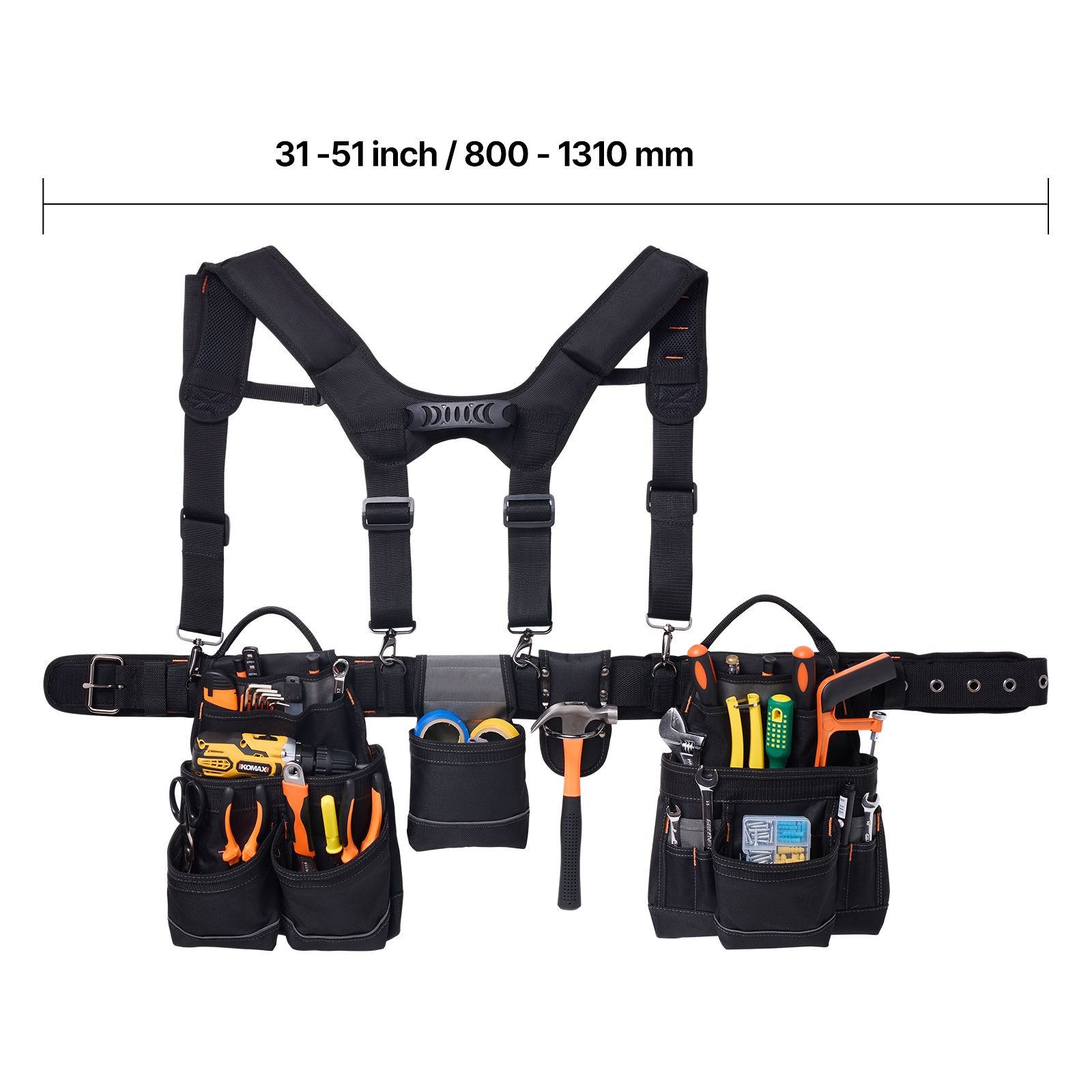 19-Pocket Tool Belt with Suspenders, 31-51in Adjustable Waist