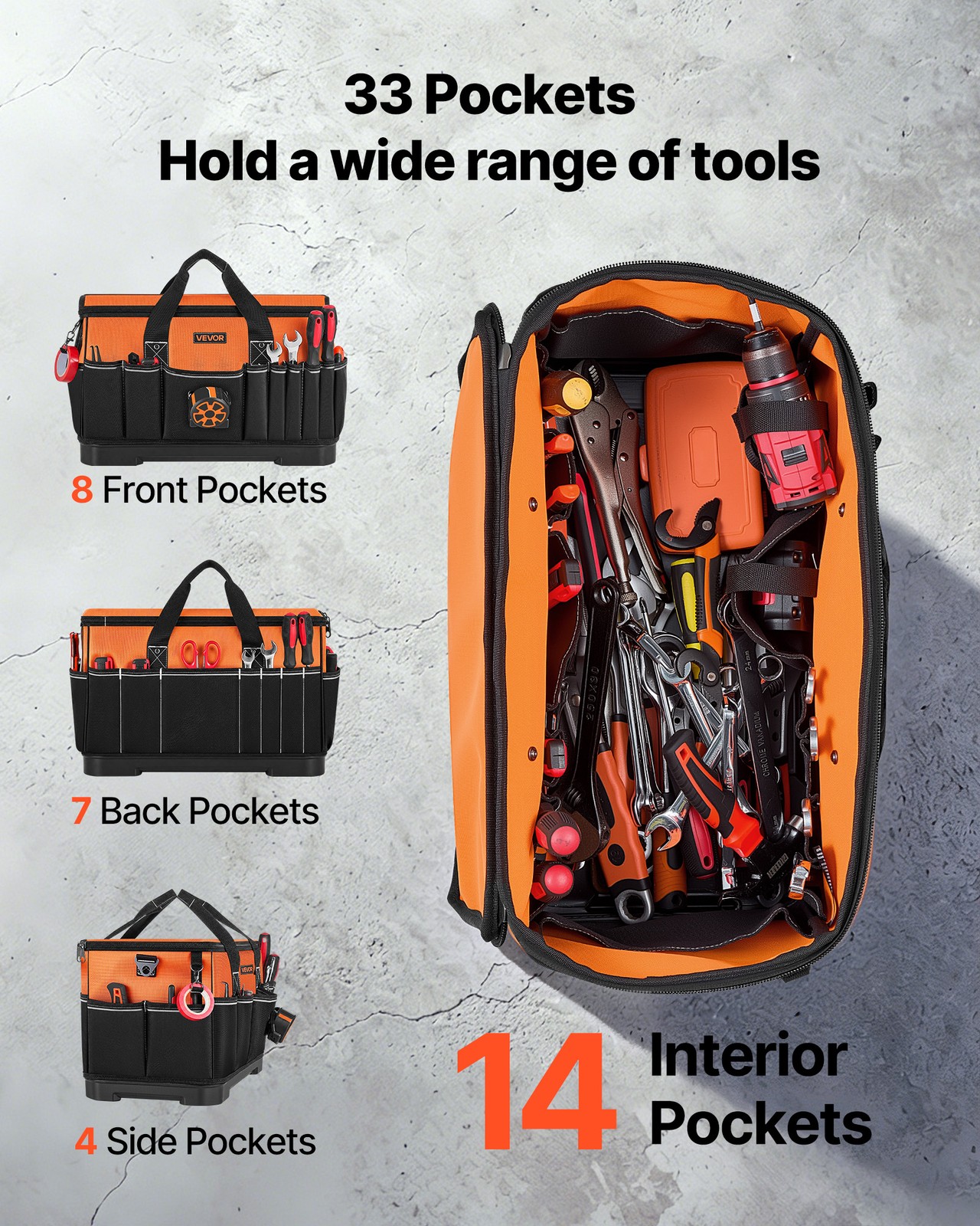 VEVOR Tool Bag 19.1 Inch 33-Pocket Portable Tool Box with Water-Resistant Base