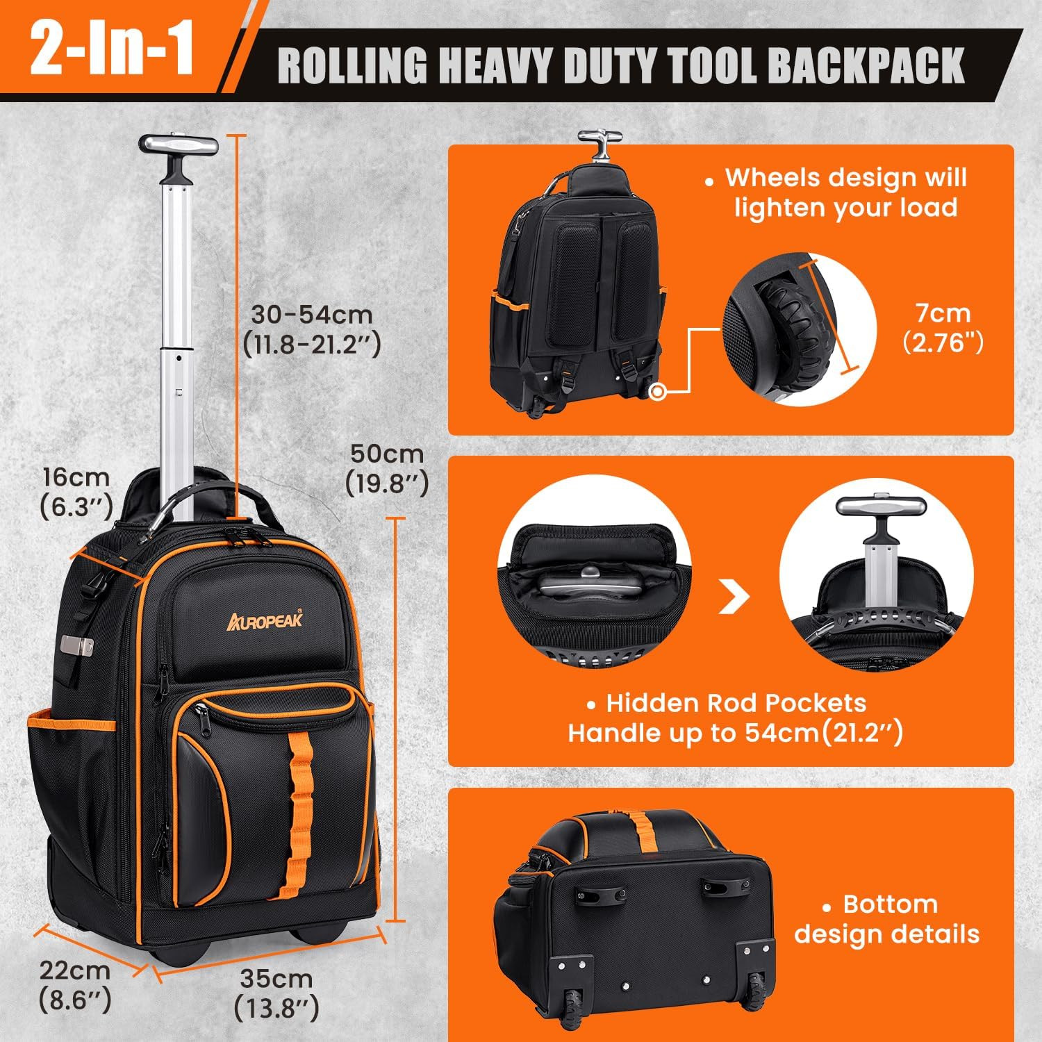 2-In-1 Rolling Tool Backpack Heavy Duty, Rolling Tool Bag with Wheels, 63-Pocket