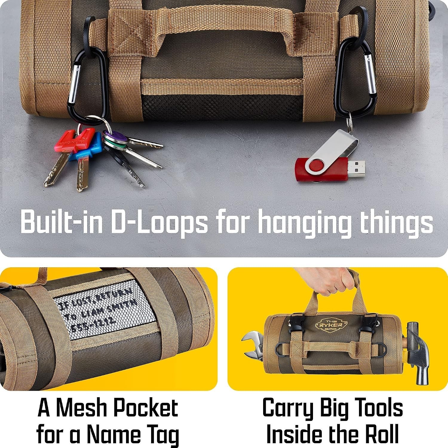Portable Heavy Duty Tool Roll Up Bag – 6 Compartments, Water Resistant Khaki