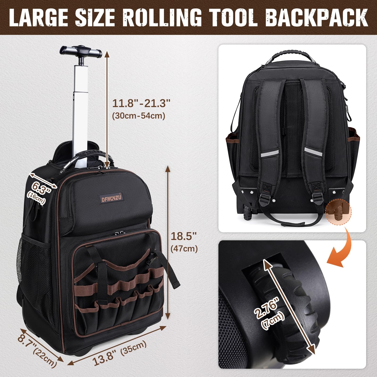 Rolling Tool Backpack Heavy Duty, 43 13.8″ x 8.7″ x 18.5″, ‎Black-Brown