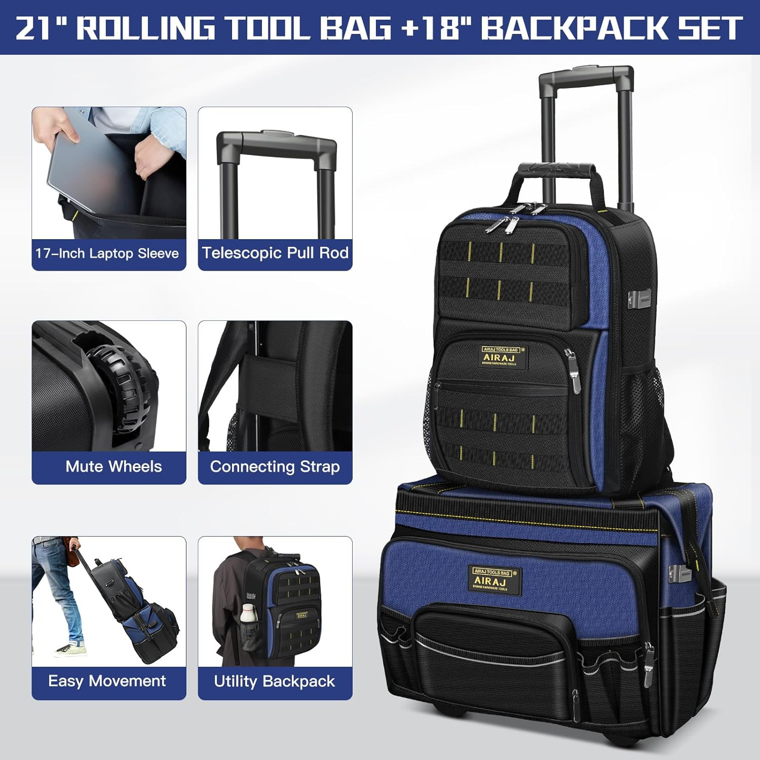 21″ Rolling Tool Bag & 18″ Heavy Duty Backpack Set with USB Port