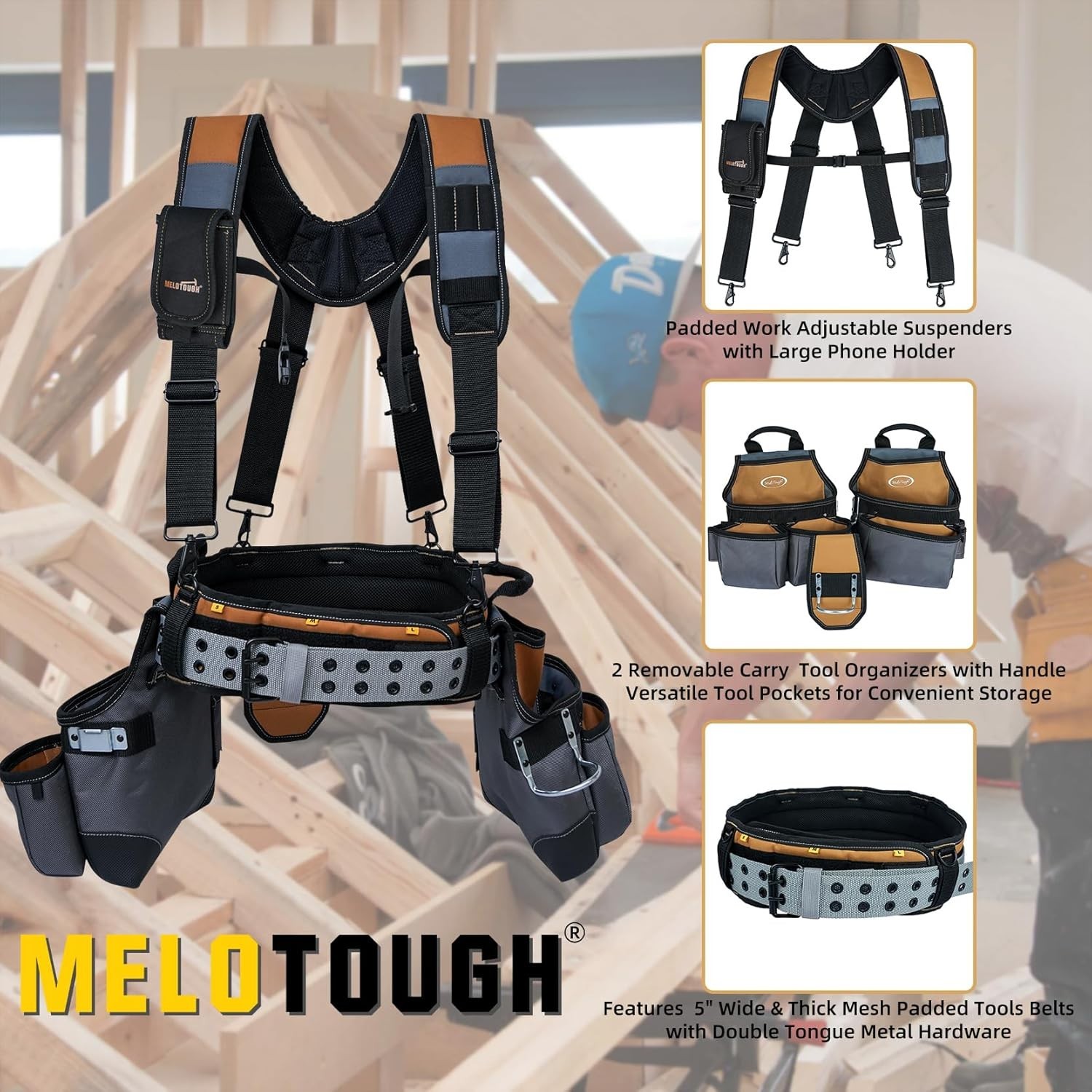 Adjustable 28-Pocket Tool Rig with Heavy Duty Suspenders for Craftsmen – Khaki