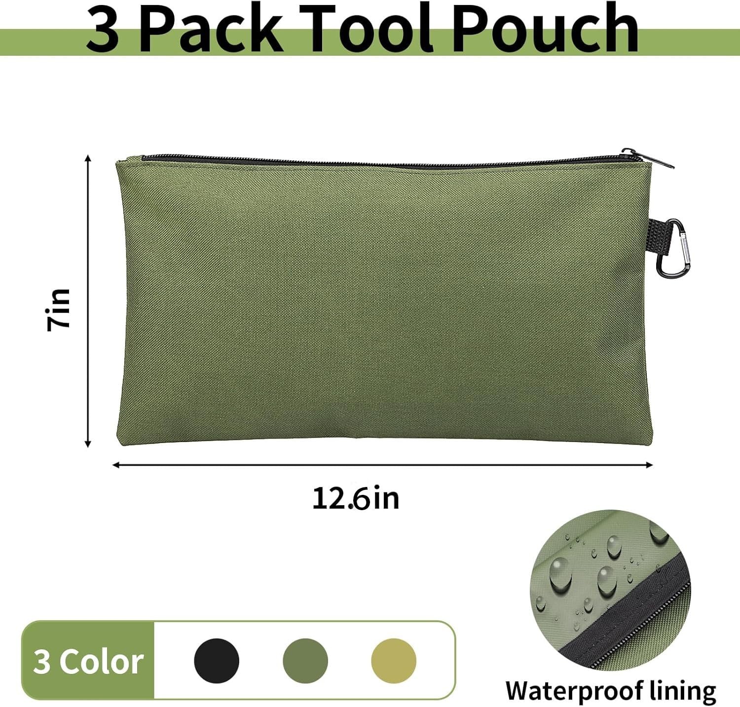 3 Pack Tool Bag Zipper 12.6 x 7 x 0.3 inches, 3 Pack, Tan, Navy Green, Black