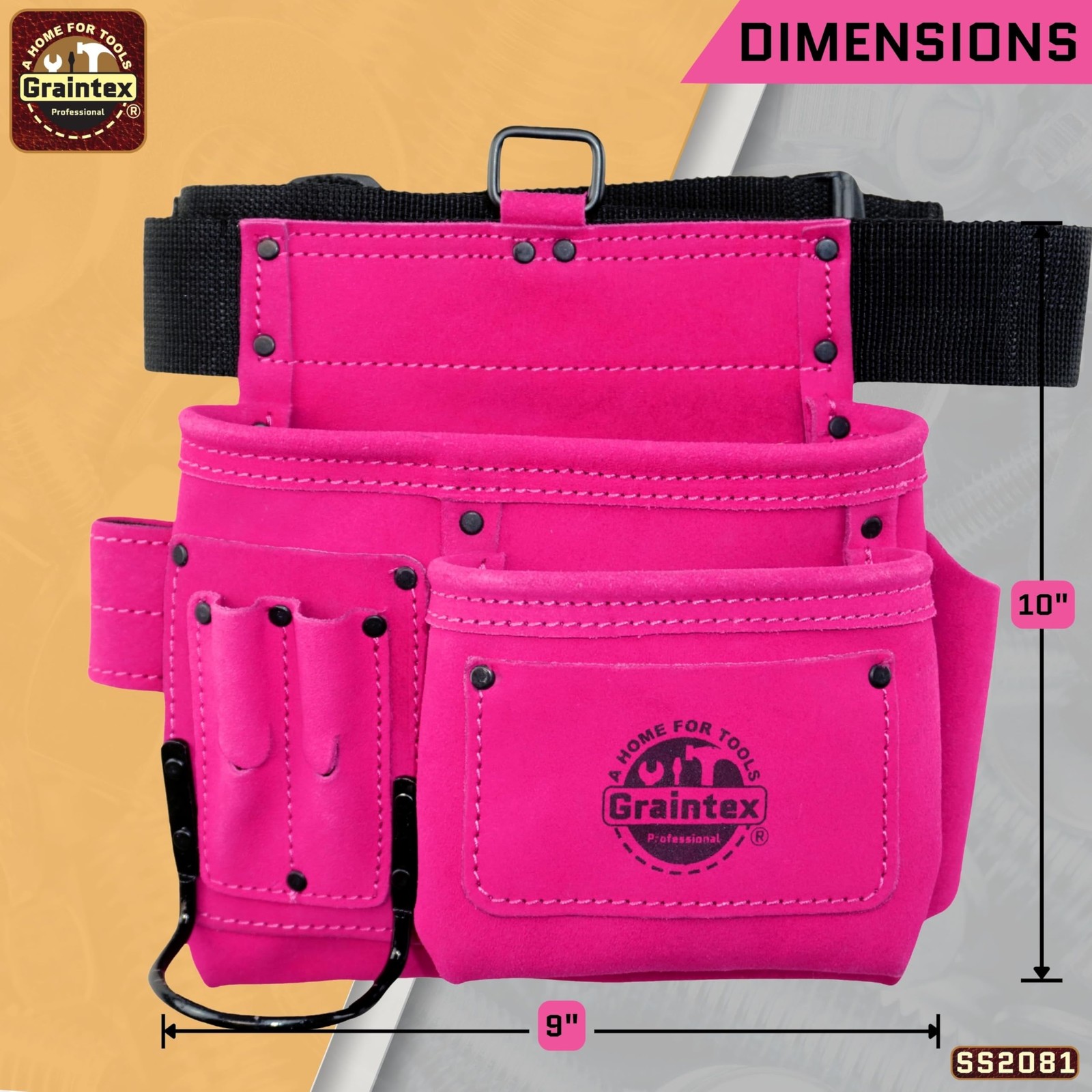 GRAINTEX SS2081 5 Pocket Nail & Tool Pouch Pink Color Suede Leather with 2” Webb