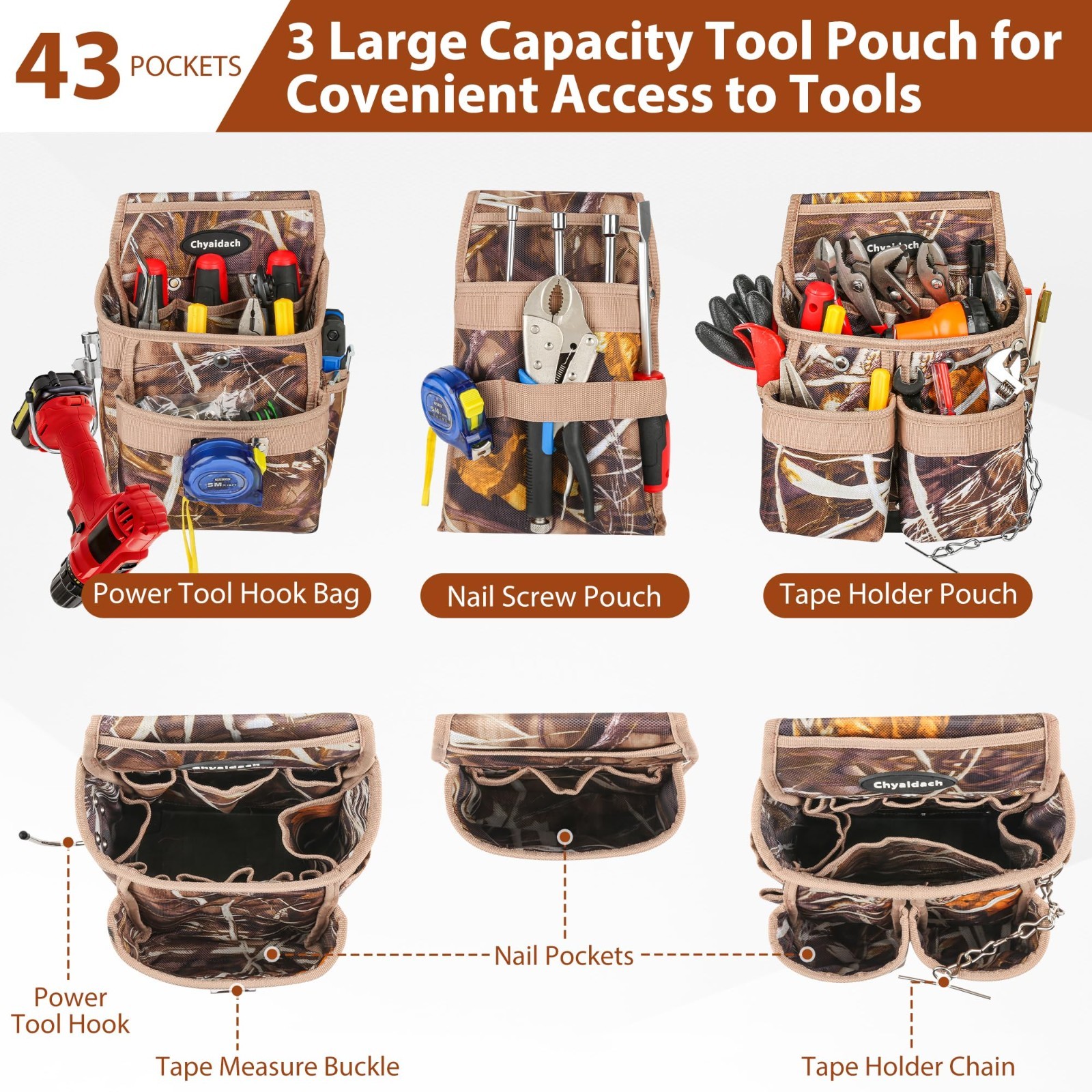 Heavy Duty Camo Tool Belt Set with Suspenders & Pouches, Carpenter Electrician R