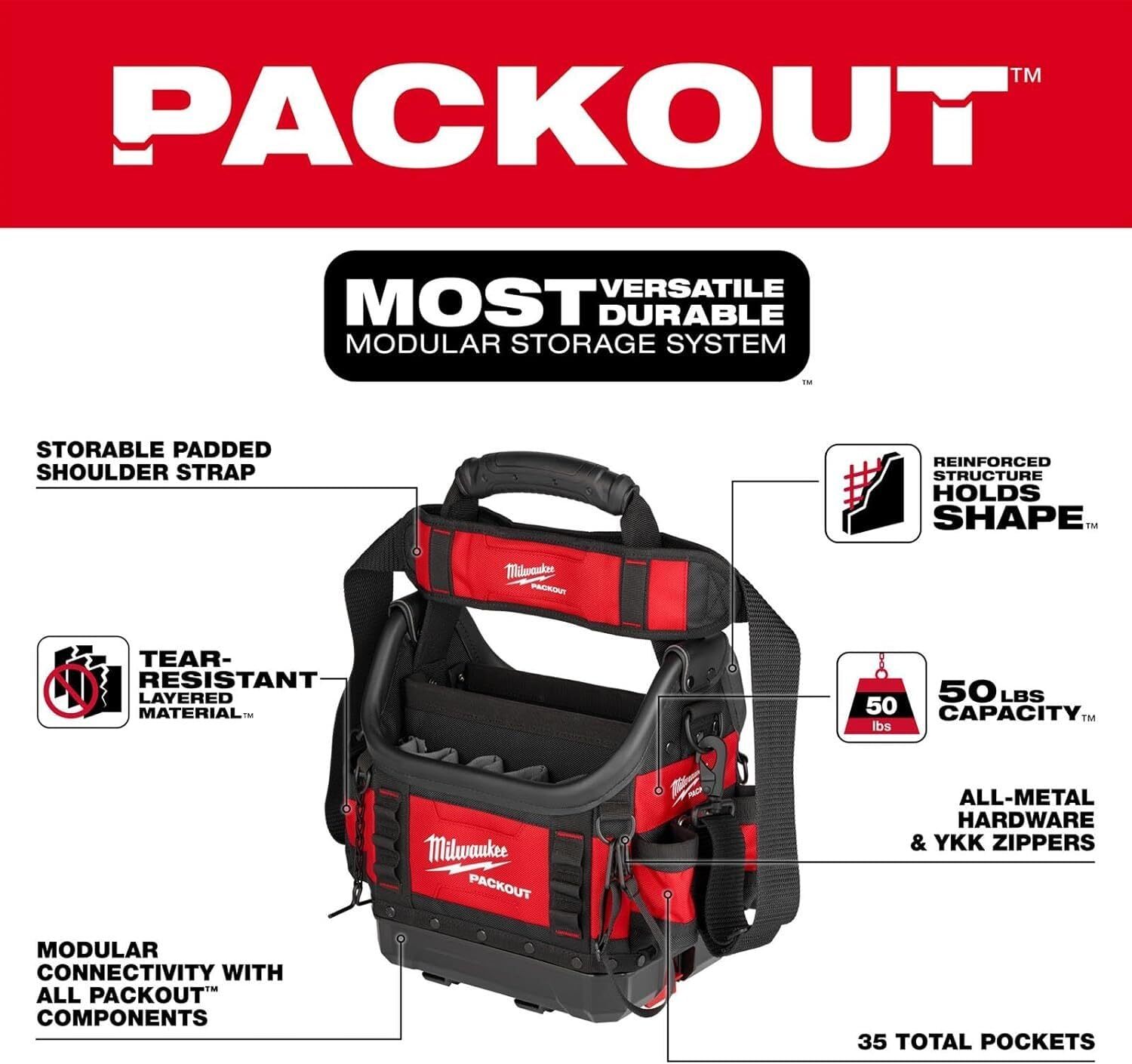 Milwaukee PACKOUT 9.8 in. W X 19 in. H Ballistic Tool Tote 35 pocket Black/Red