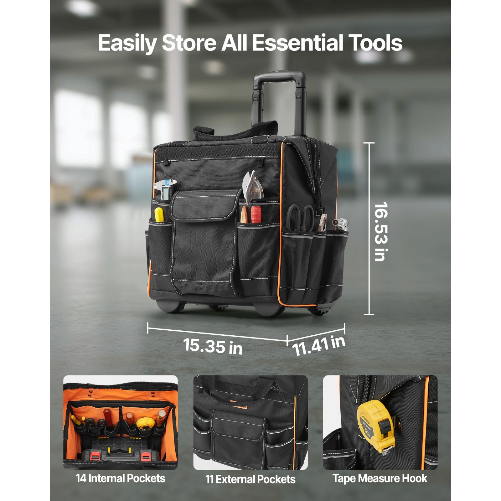 Rolling Tool Bag with Wheels, 110 lbs Load Capacity,25 Pockets,Adjustable Handle