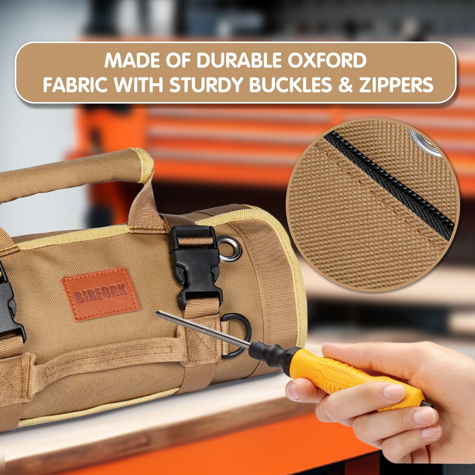 Roll Up Tool Bag Heavy Duty Tool Organizer Bag with 6 Pouches Khaki