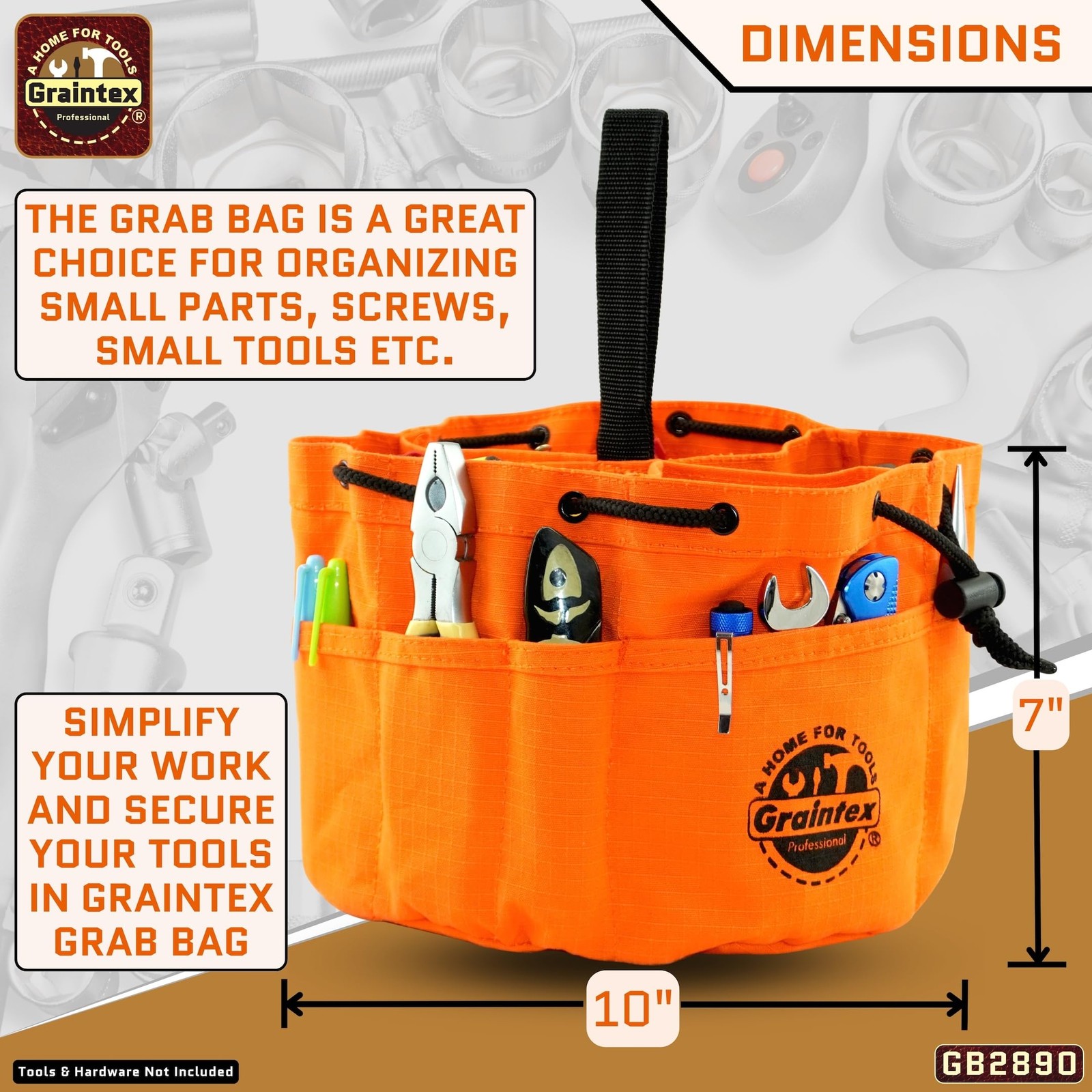 Durable Small Orange Tool Bag with Multiple Pockets and Drawstring Closure