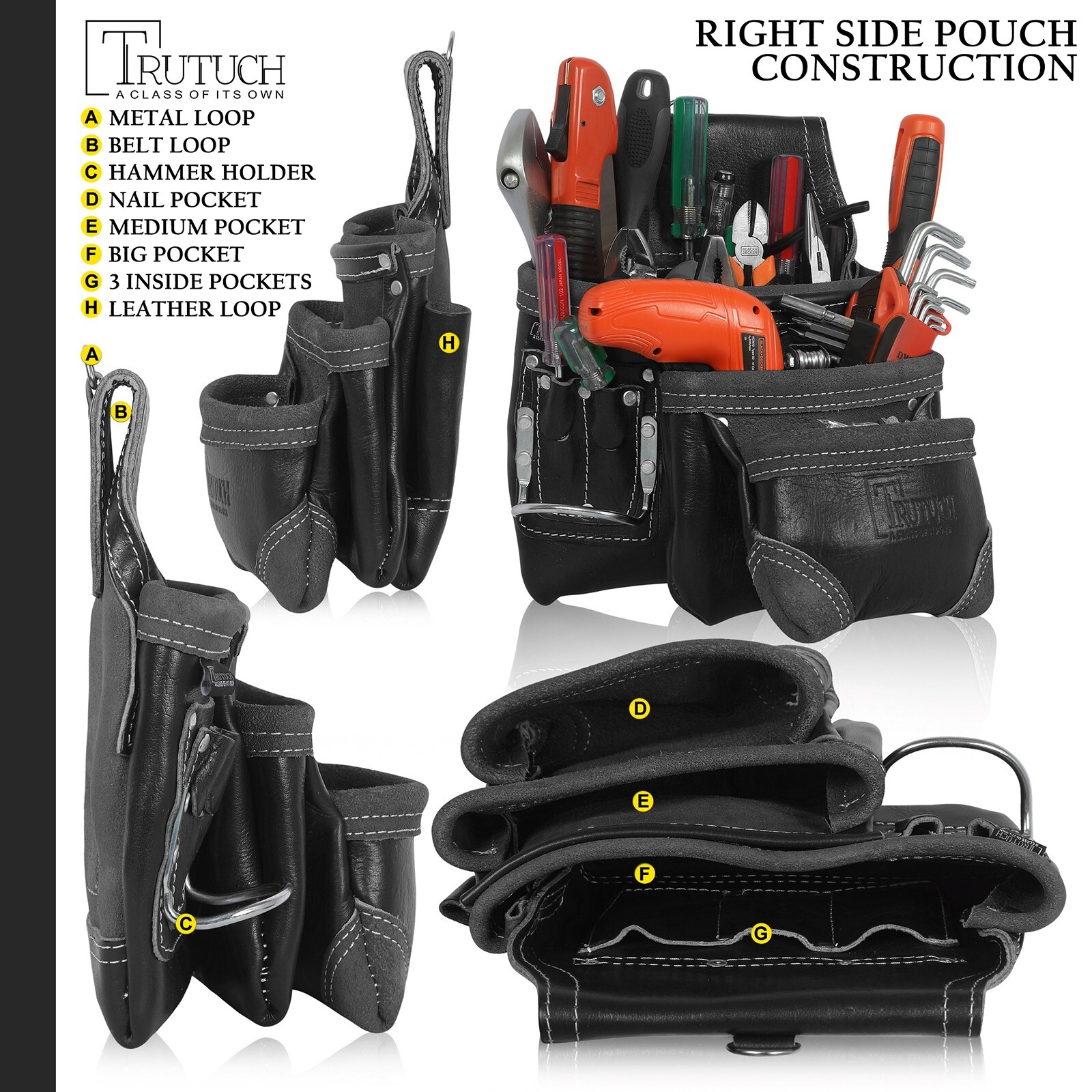 Trutuch Black Leather Tool Belt with Suspender | 18 Pockets | Framers Tool Belt