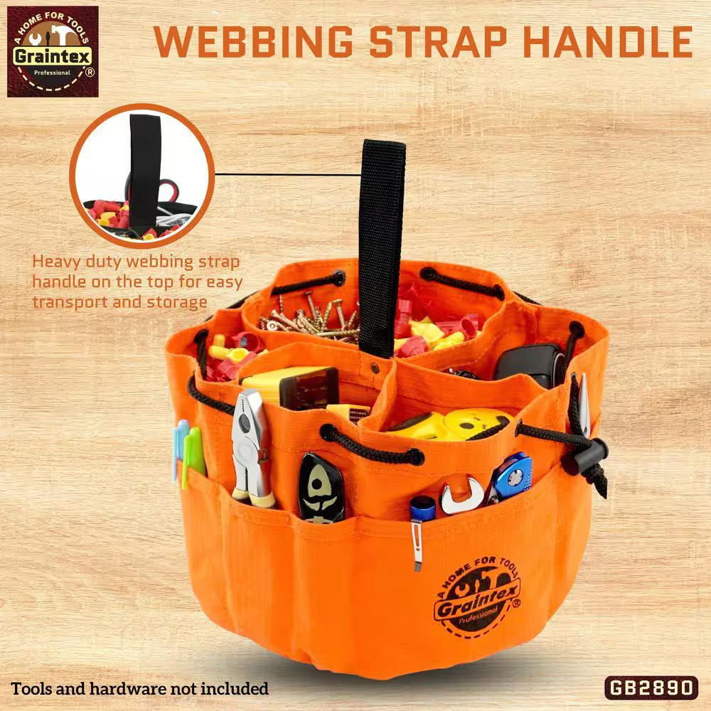 10 In. 6-Pocket Grab Tool Bag with Drawstring Closure in Orange Canvas