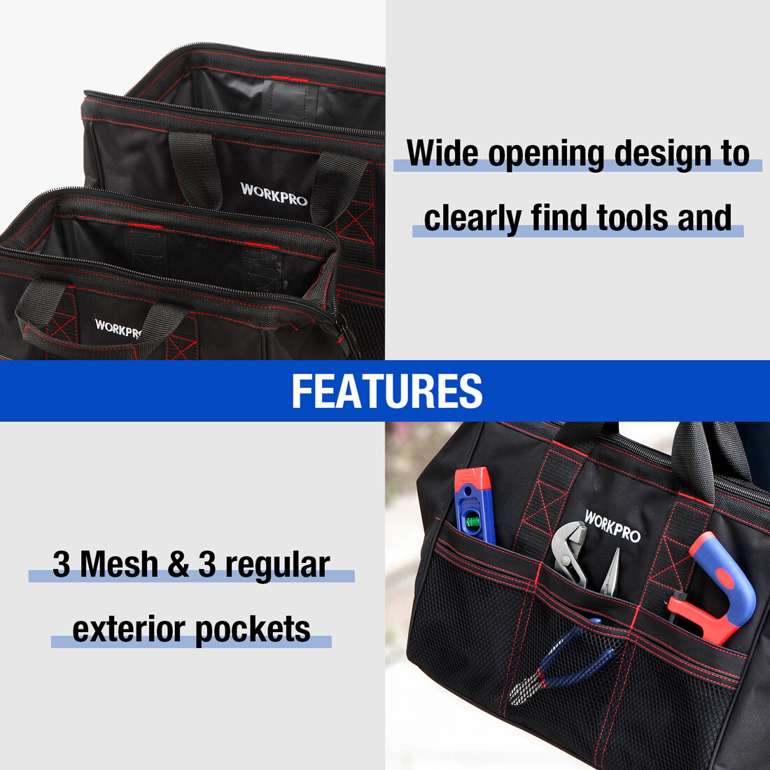 WORKPRO 2 Pieces 13″ 18″ TOOL BAG Wide Mouth Heavy Duty Tote Storage with Zipper