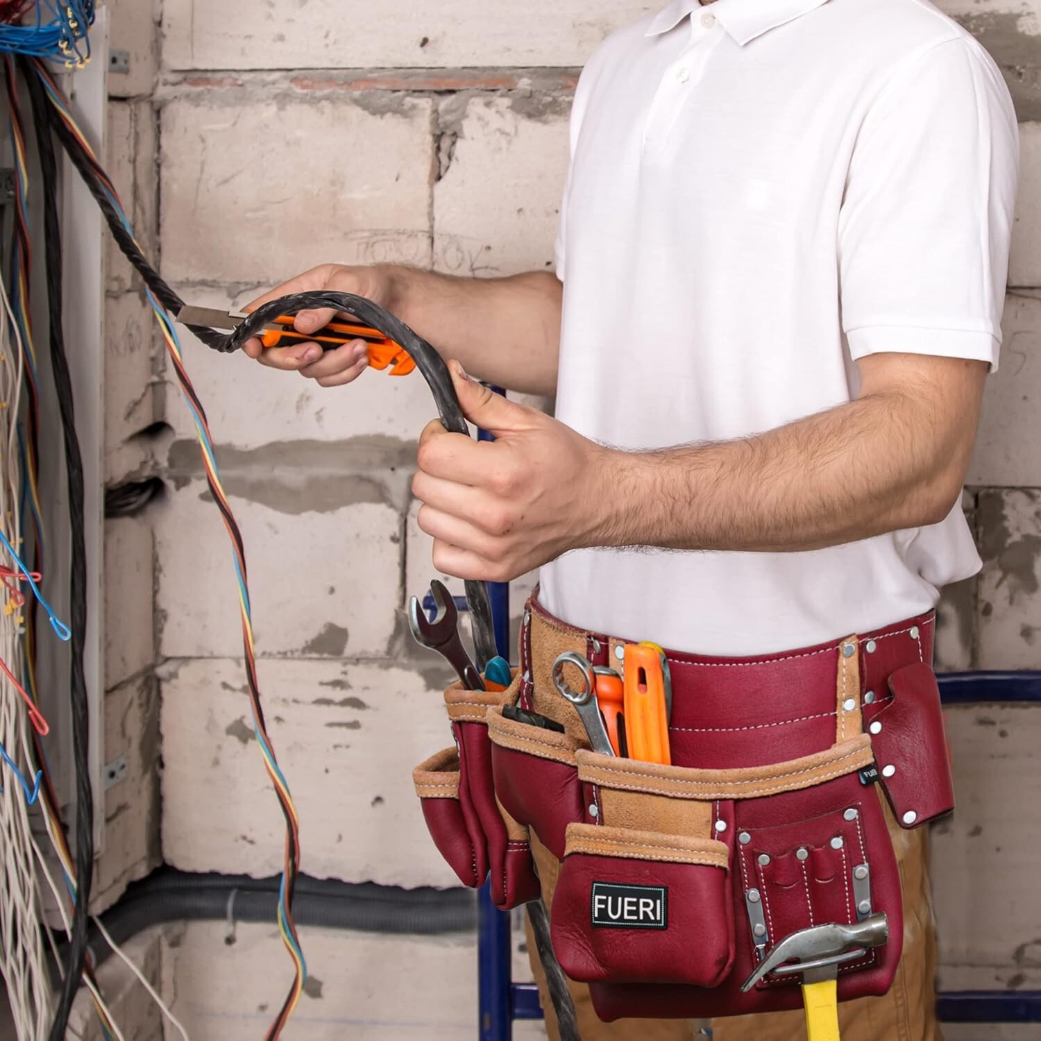 Construction Tool Belt, 11 Pockets Leather Tool Pouches Carpenters Work Belt