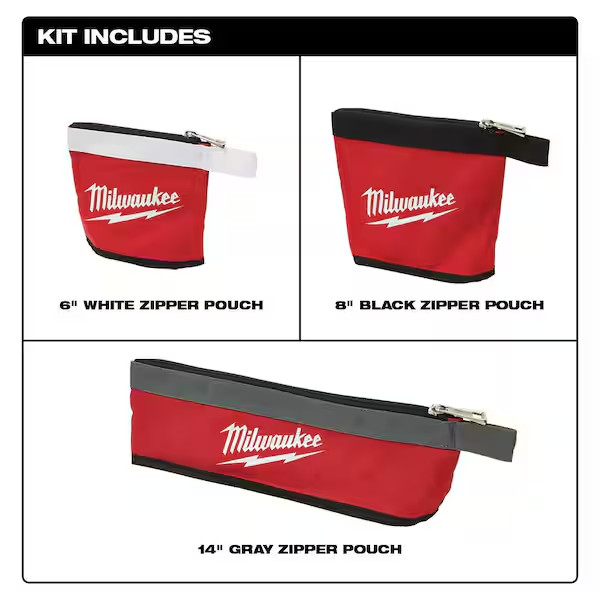 Milwaukee Zipper Tool Pouches Bags 14, 8, and 6 in. Stand-Up Base Storage Canvas