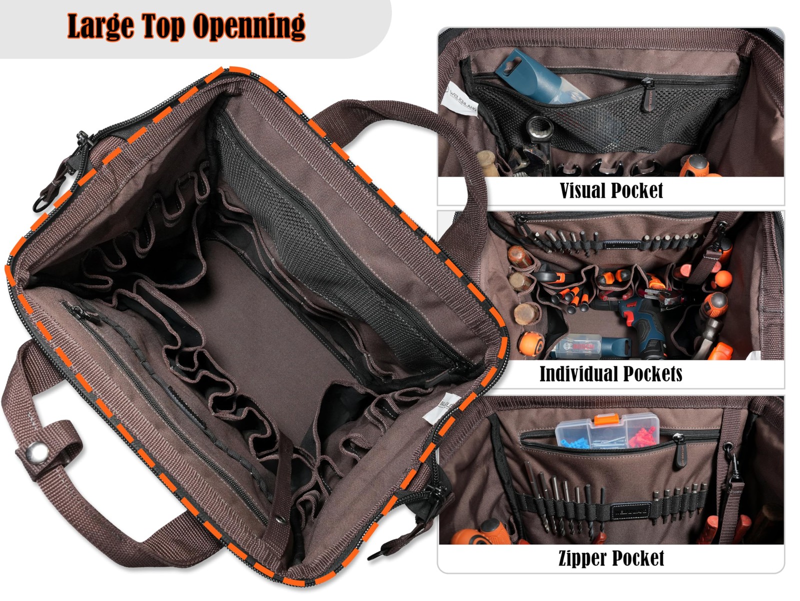 WELKINLAND 88-Pockets Waxed- Canvas HAVC Tool 32 liters, Black/Brown/Olive
