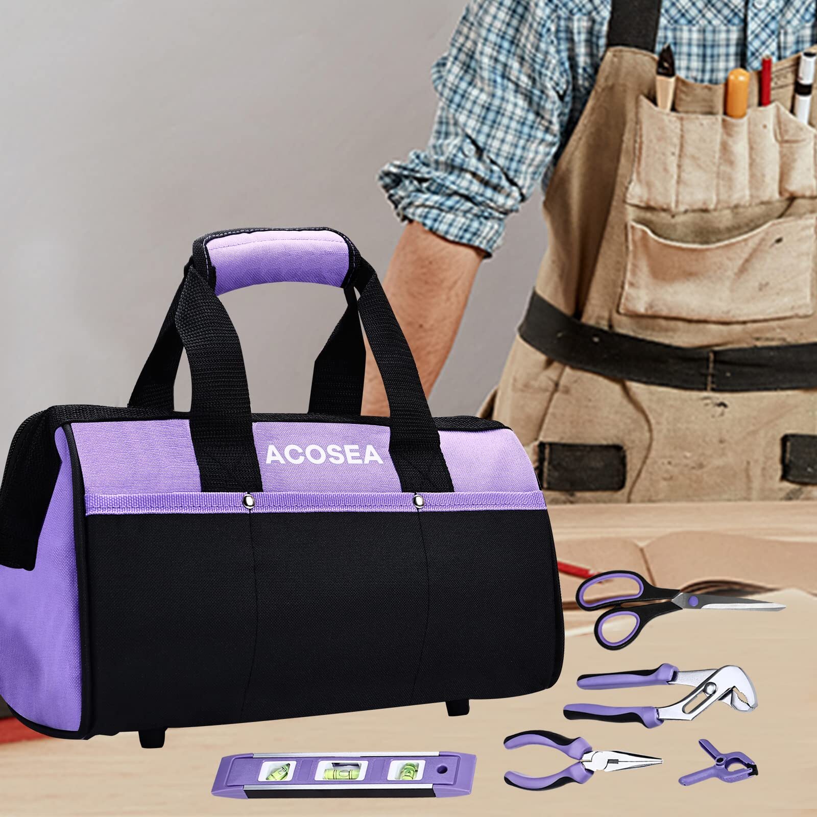 Purple Tool Bag13 Inch Wide Mouth Open Tool Organizer With 12 Storage Pockets p
