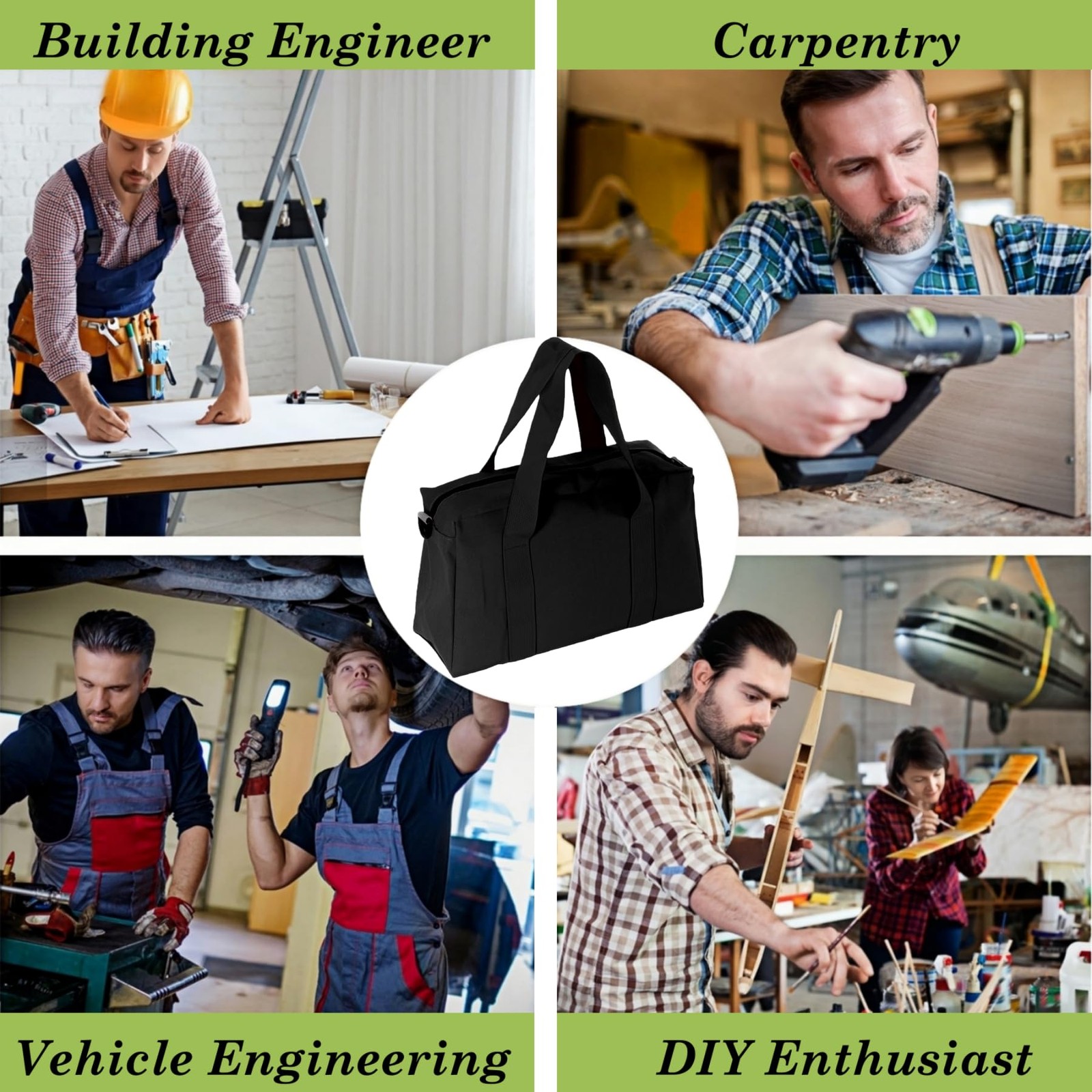 Canvas Wide Mouth Tool Bag, Large Capacity Bags for Men, 14 Inch, Black