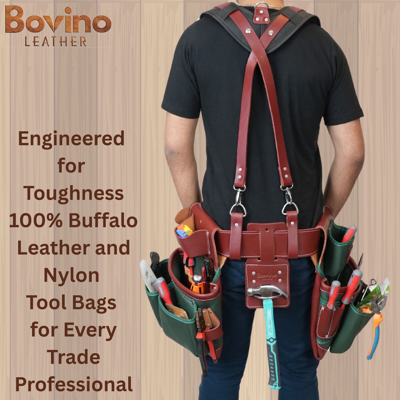 Bovino Leather Nylon Tool Belt , 21 Pockets Framer Belt, Durable Tool Pouches