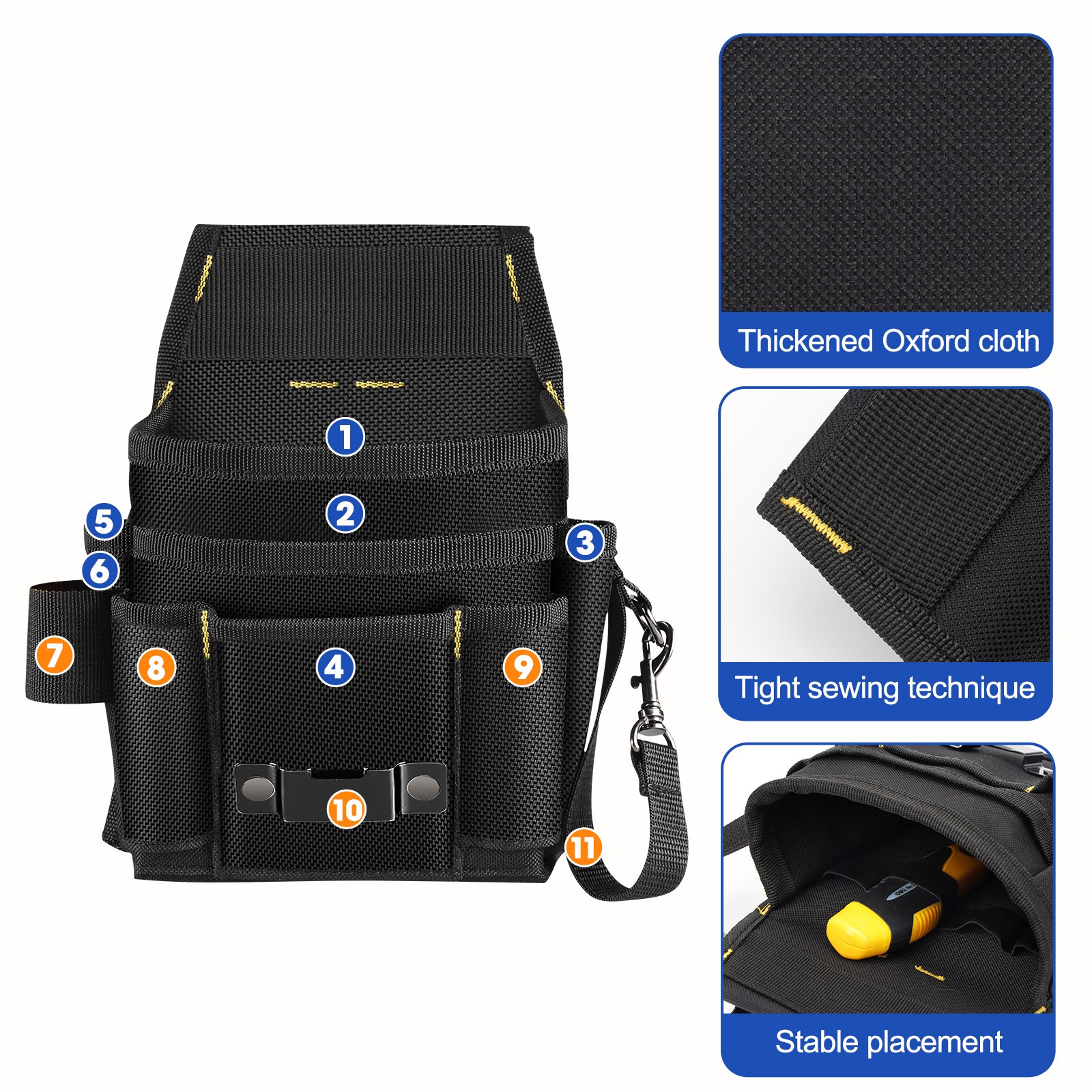 Heavy-Duty 11-Pocket Tool Bag Waist Pouch Adjustable Belt Waterproof Organizer