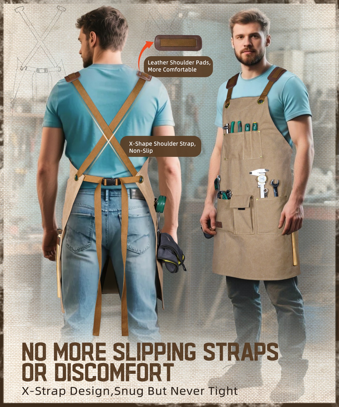 Canvas Cross Back Woodworking Tool Apron Heavy Duty Adjustable Work Apron Unisex