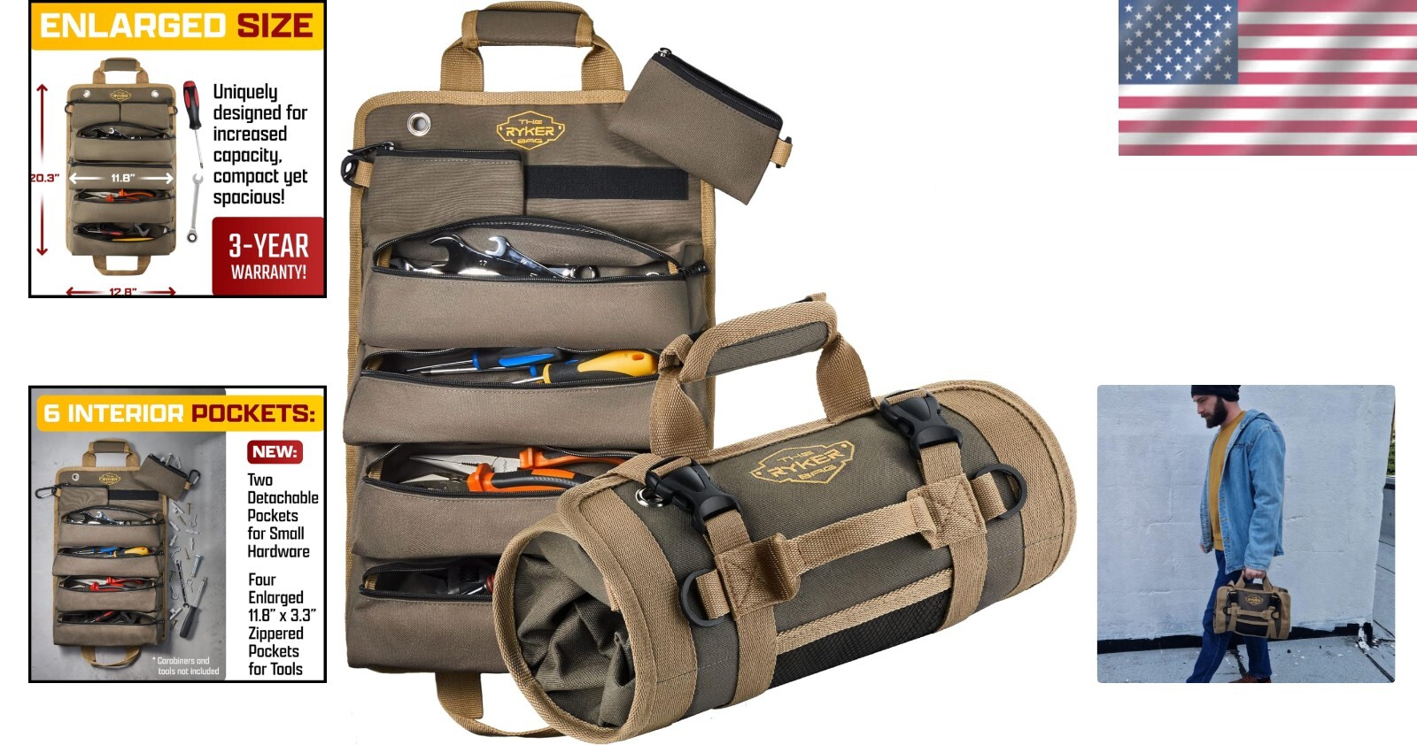 Versatile Portable Tool Roll Organizer with Detachable Pouches for Mechanics