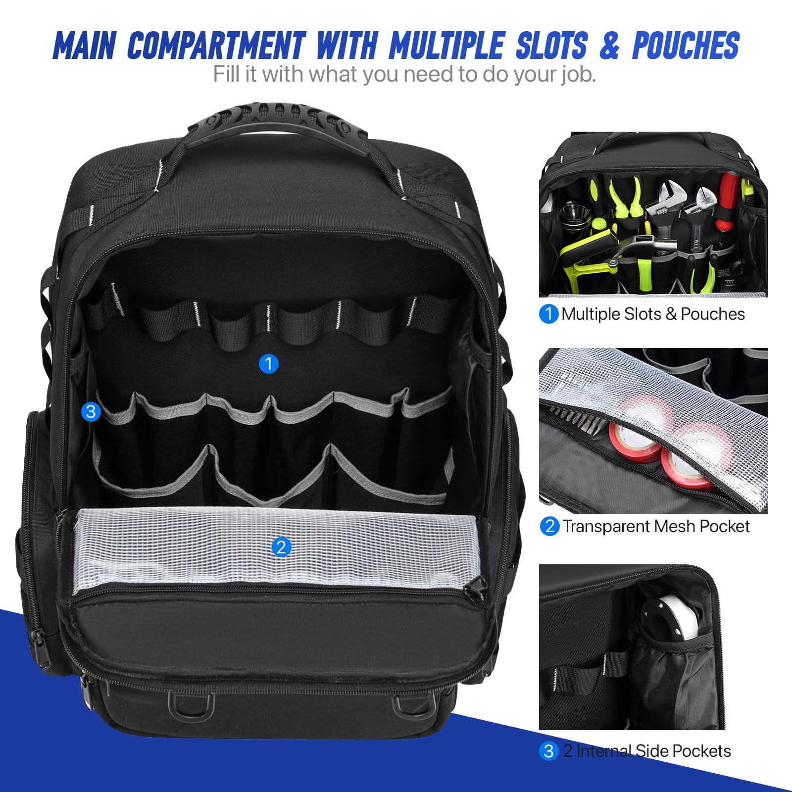 Tool Backpack,Heavy Duty Bags for Men,Tool 15.5*11.8*5.5 inches, Black