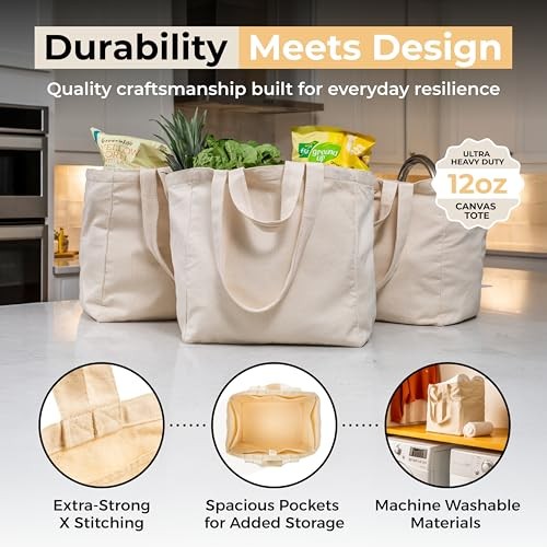 Canvas Grocery Bag 3pc XL Set with Real Pockets, Long Shoulder Strap and Beige