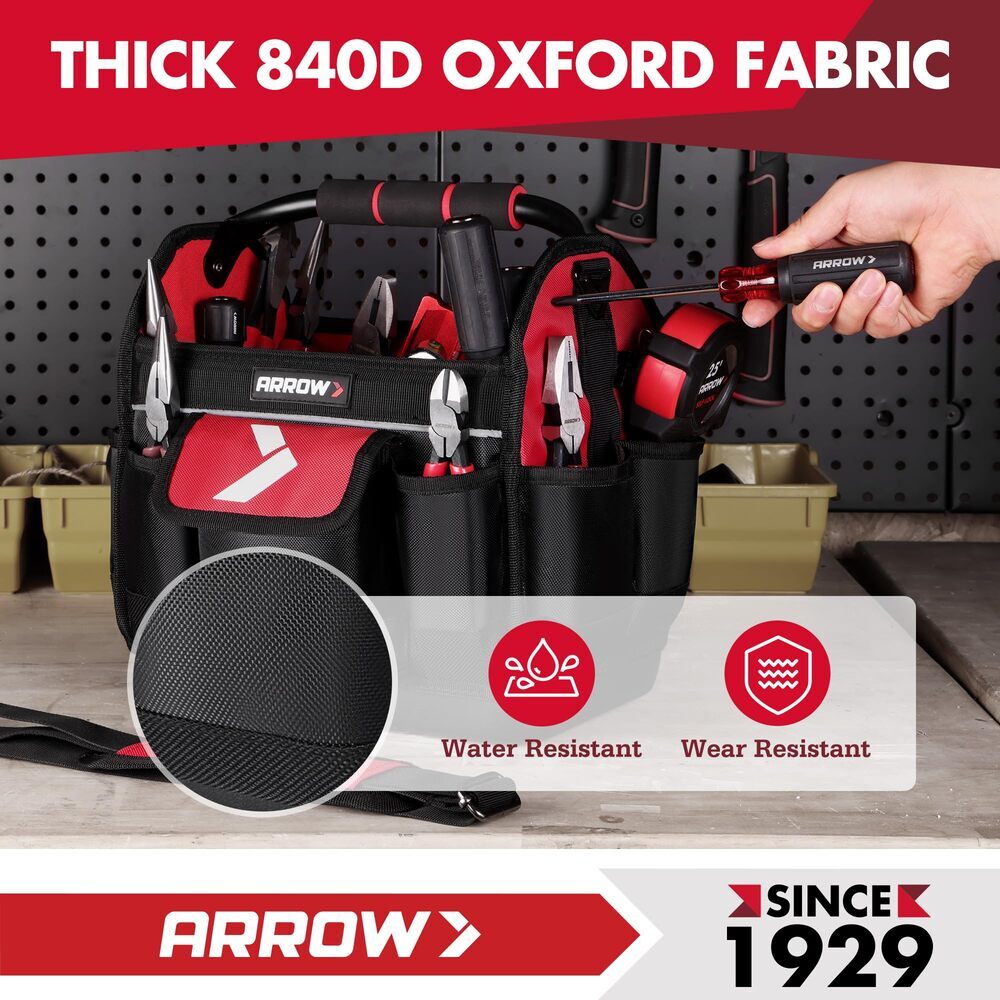ARROW 12″ Tool Tote Hard Base Electrician Tool Bag Open Top Tool Bag w/19 Pocket