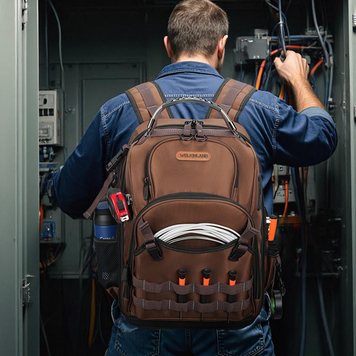 WELKINLAND-70Pockets HVAC Backpack, Heavy-Duty Electrician Tool Brown & Black