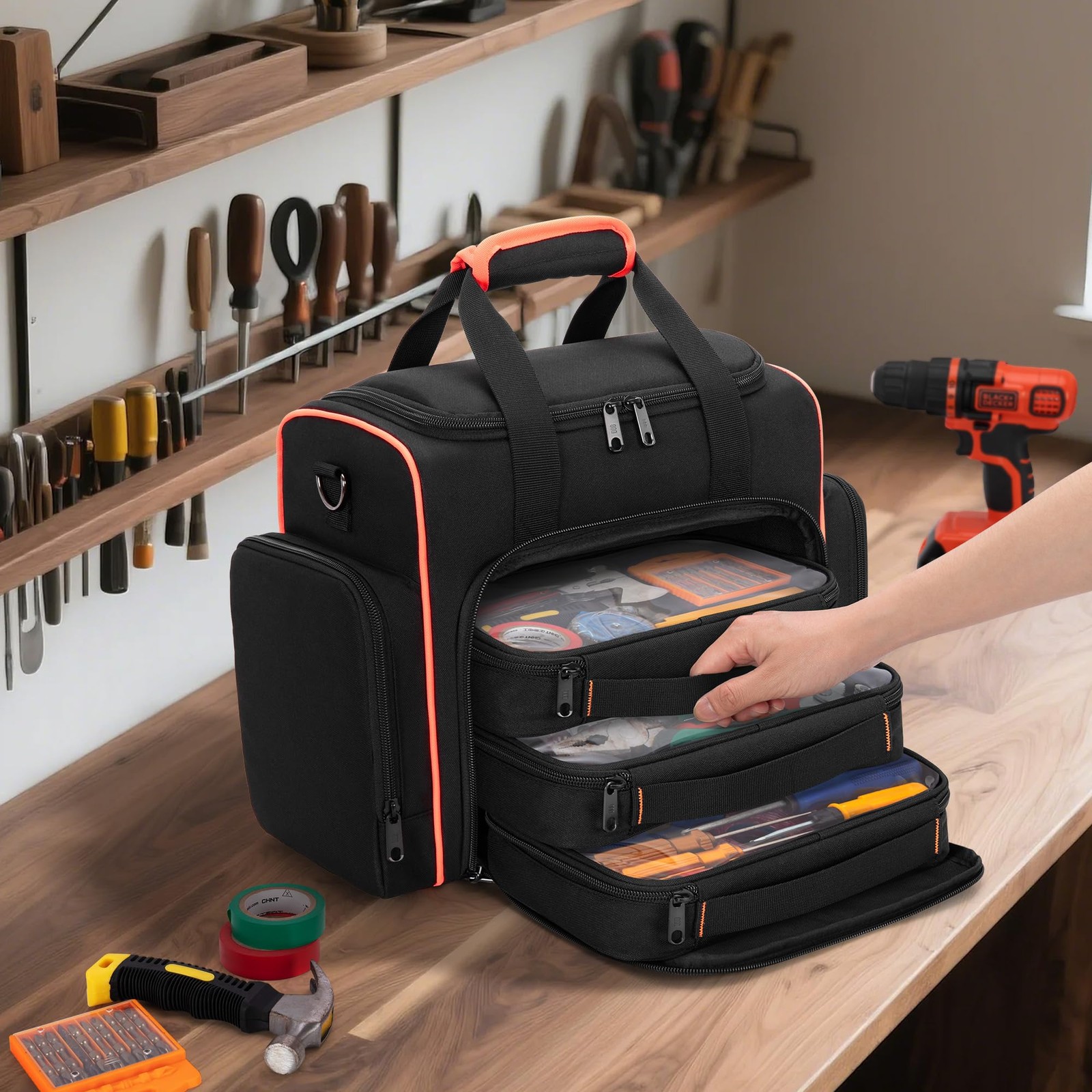 Marscamd Tool Bag with 3 Removable Cases, 2 Layers Black Red Binding
