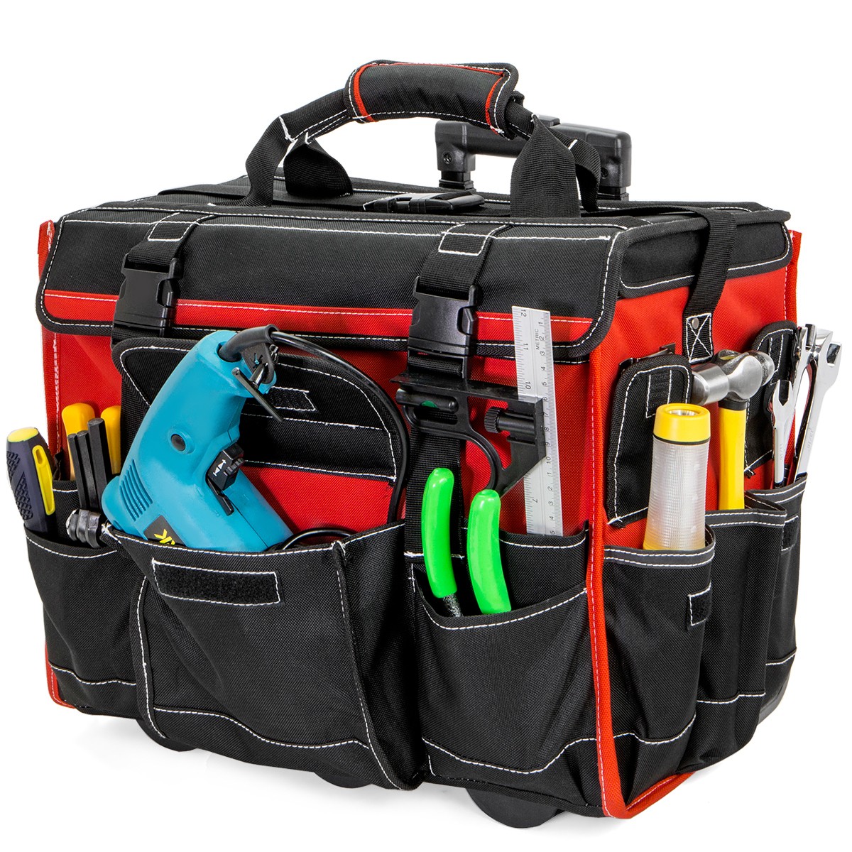Portable Tool Bag with Wheels Rolling Tote 18″ Wheeled Storage Case & 19 Pockets