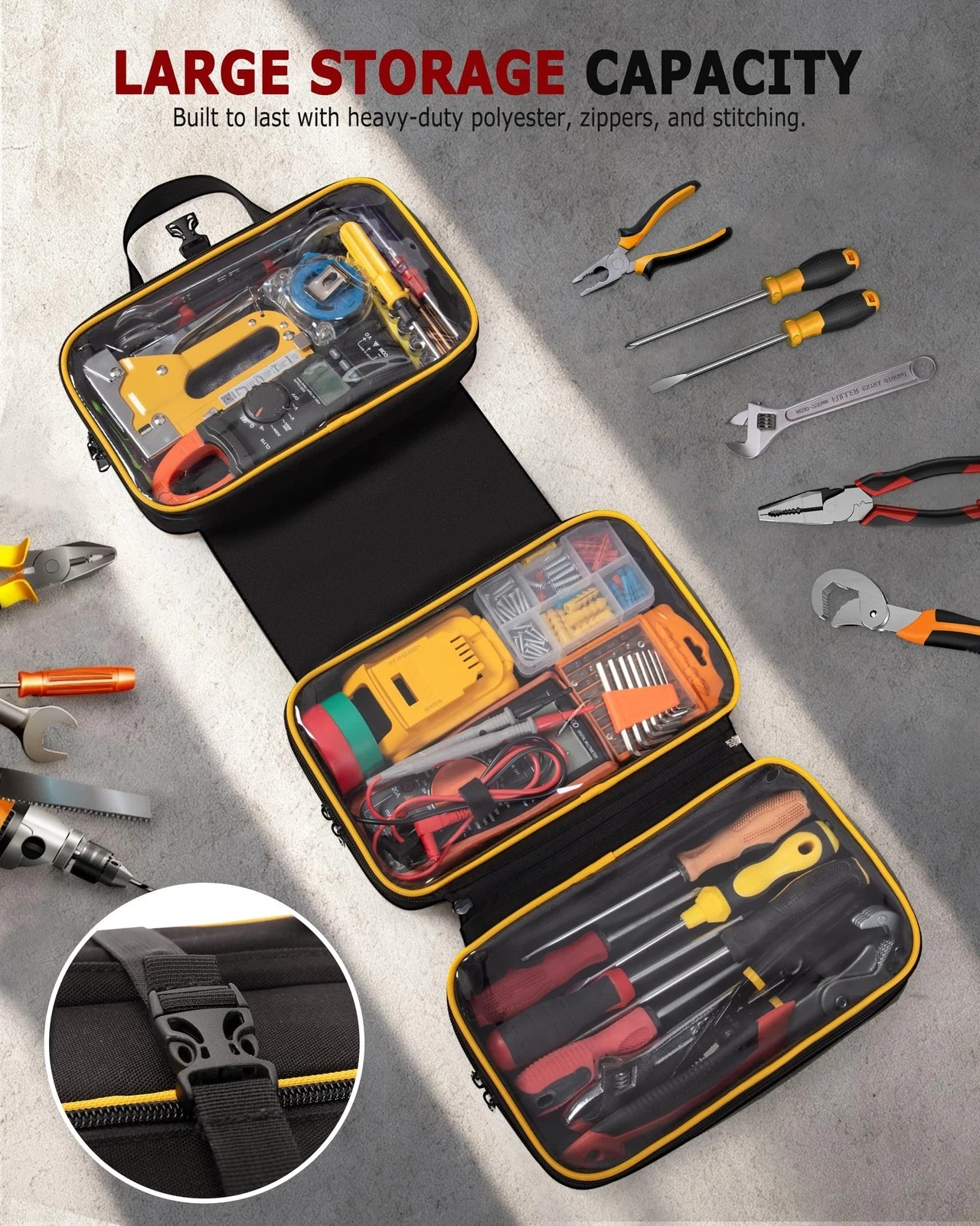 Marscamd Roll Up Tool Bag with 3 Clear Window Cases One Detachable, Trifold T…