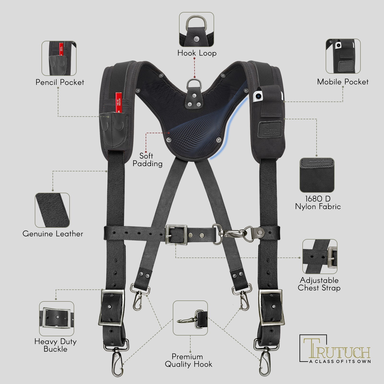Trutuch Black Leather Tool Belt with Suspender | 18 Pockets | Framers Tool Belt