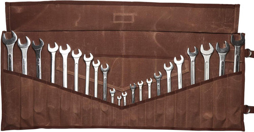 BULL TOOLS 26 Pocket Wrench Organizer Roll-Up Waxed Canvas, Cinnamon Brown