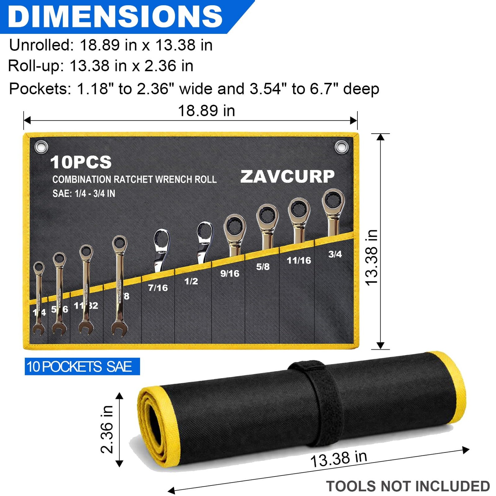2PCS Wrench Roll, Roll Up Pouch, Canvas Tool Black With Yellow Trim