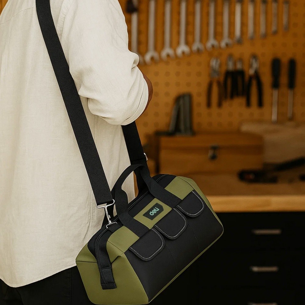 DELI 13 Inch Heavy Duty Contractor Tool Bag with 15 Pockets & Adjustable Strap