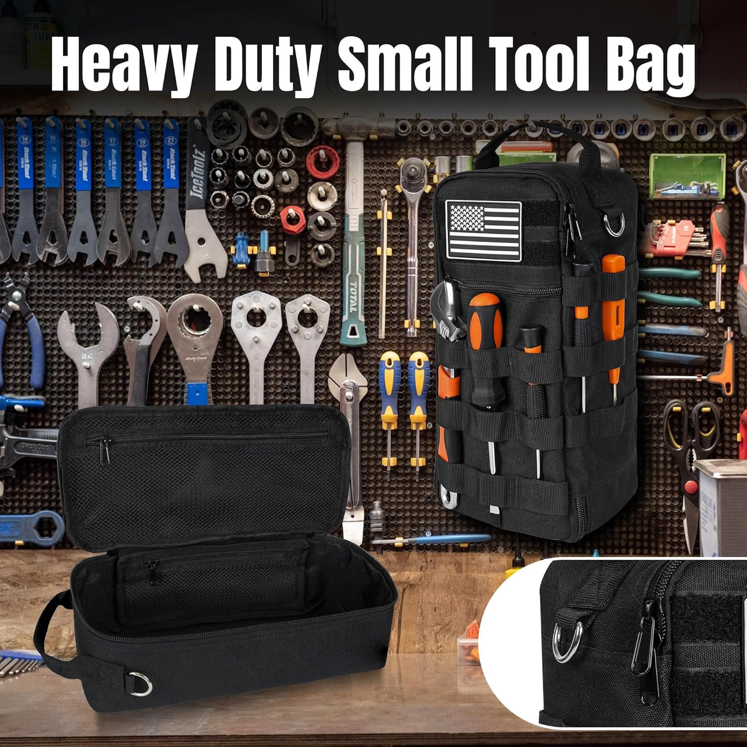 Portable Tool Bag 13 in 900D Oxford Shoulder Pouch Hammer Loop Organizer Black