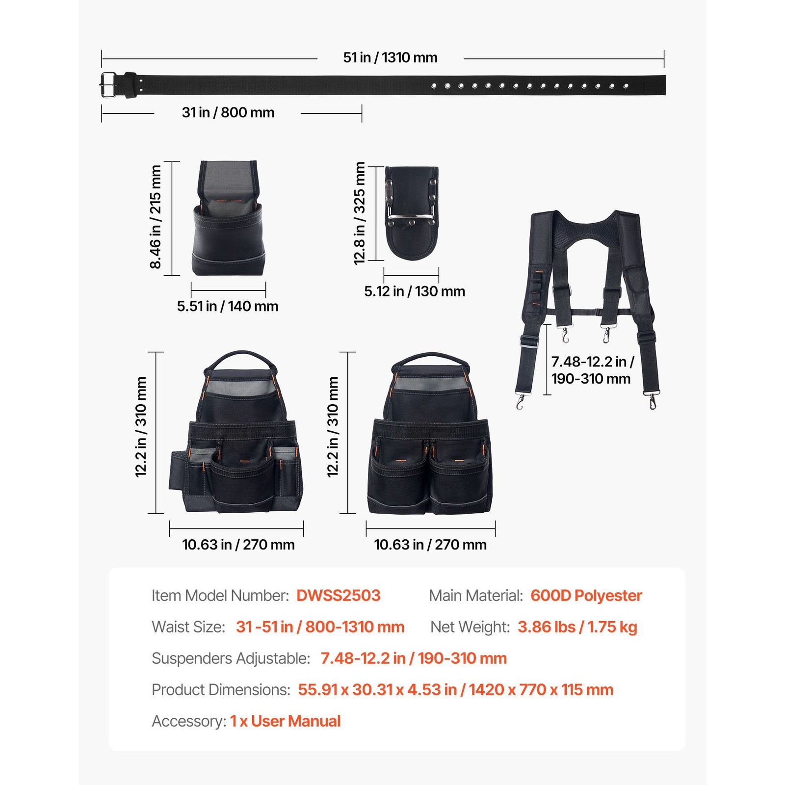 19-Pocket Tool Belt with Suspenders, 31-51in Adjustable Waist