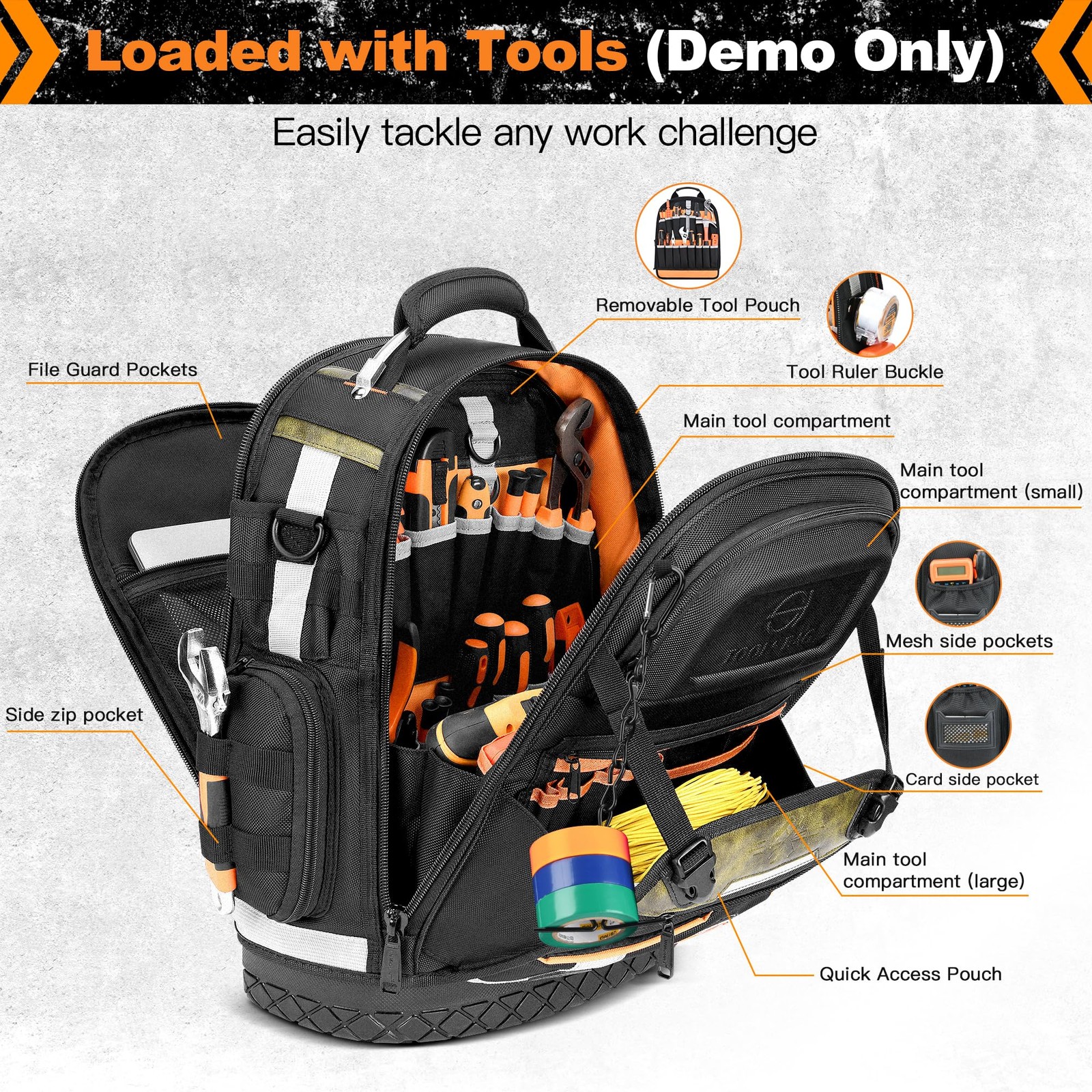 Tool Backpack Bag, Electrician Bag 15.1″L x 7.8″W x 19″H, Black-4PCS