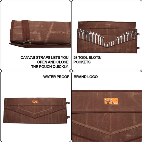 BULL TOOLS 26 Pocket Wrench Organizer Roll-Up Waxed Canvas, Cinnamon Brown